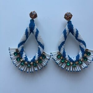 Tory Burch Blue, White & Green Beaded Teardrop Earrings with Gold Accents